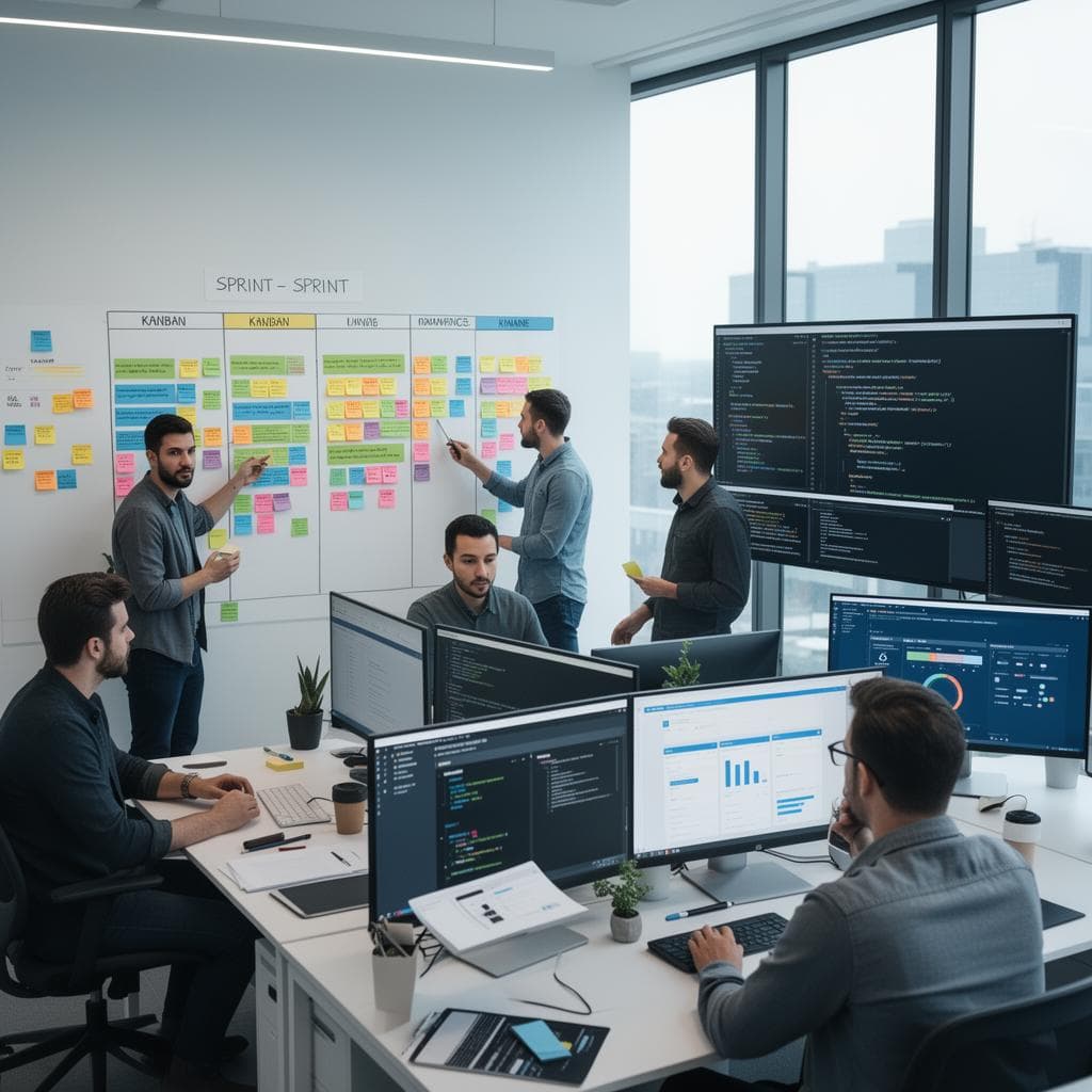 Agile development team collaborating with kanban board